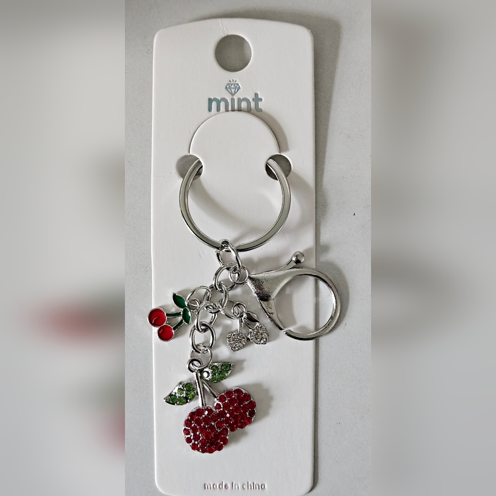 Mint Rhinestone Cherries Bag Charm Keychain w/ Silver Tone Hardware - Picture 1 of 2